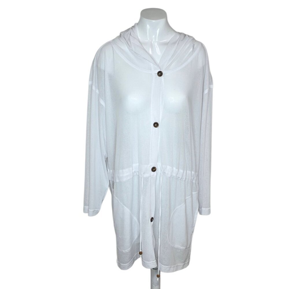 Pacific Beach Sheer Button Front Hooded Bikini Cover Up Dress, Tie Waist, M